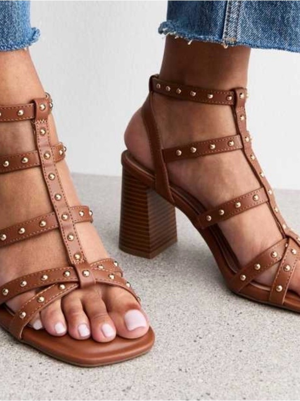 Anne Klein Brown Studded Strappy Block Heel Sandals